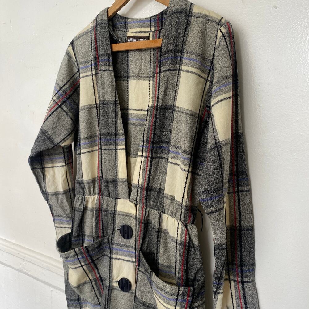 Vintage Ronnie Heller Plaid Button Pockets Low V Cut Midi Dress Black Cream Blue